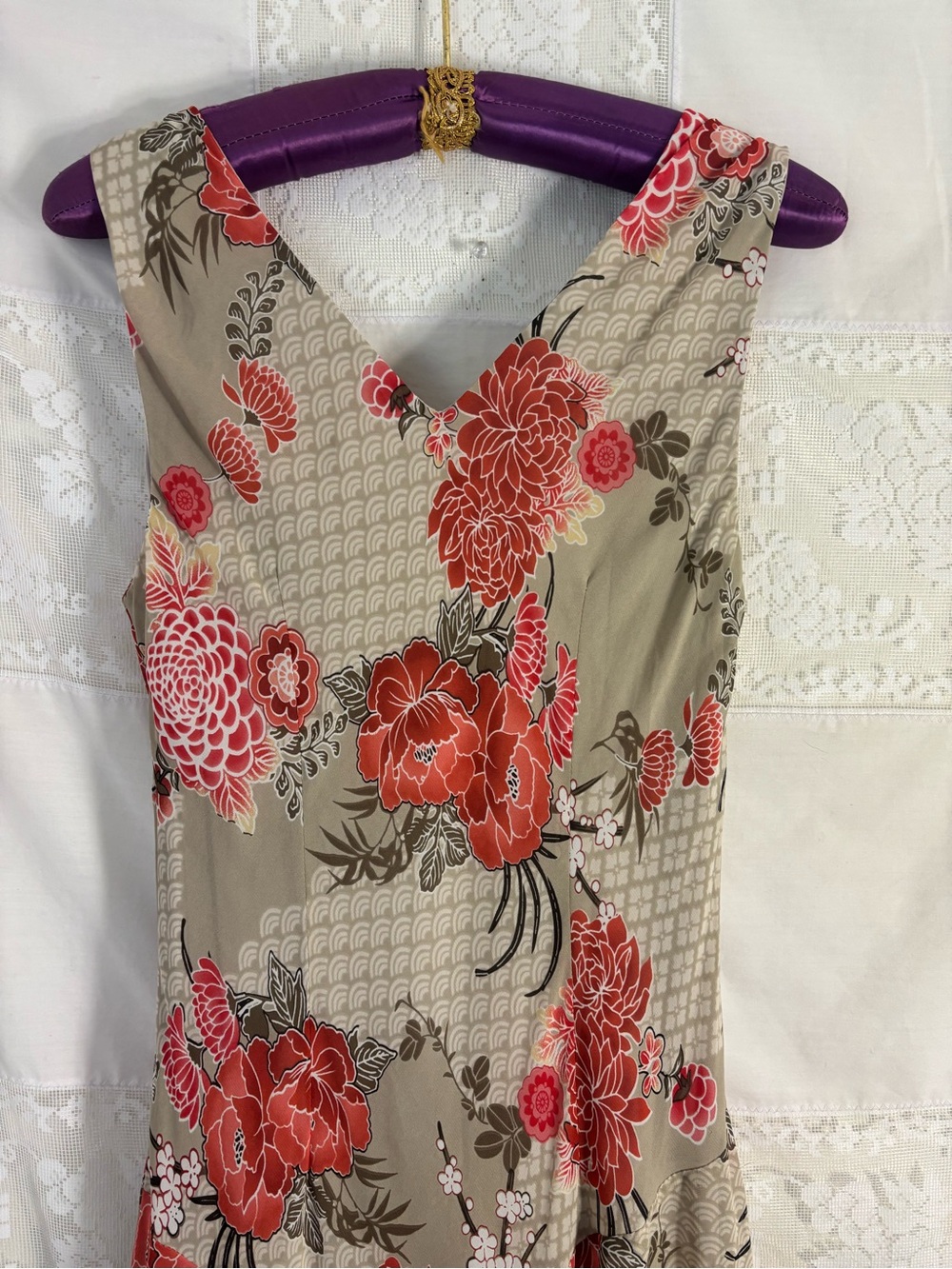 Tan+Red Floral Bias Cut Asymmetrical Hem Whimsy Cottage Fairy Dress Size M-L‎ - Picture 7 of 15